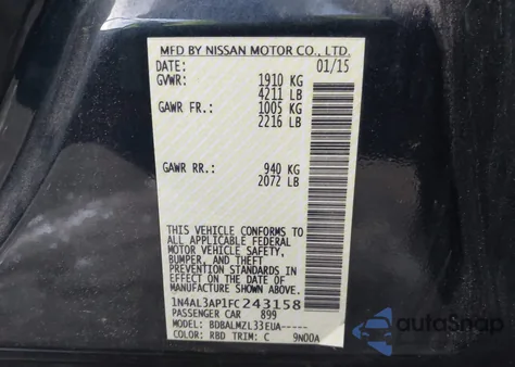 2015 Nissan Altima 2.5 Sv из США, поврежденный, VIN 1N4AL3AP1FC243158